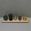 Bloomingville Embossed Glass & Metal Tealight/Votive Holders on Rectangle Wood Tray (Set of 6 Pieces)
