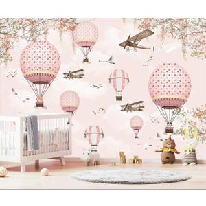Pink Hot Air Balloon Kids Wallpaper Mural for Nursery Girls Bedroom 106" x 70"
