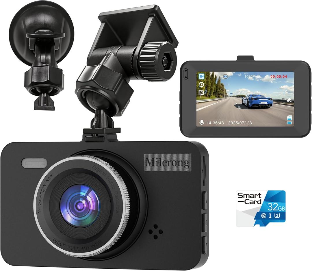 Dash Cam Front Car Camera, FHD 1080P Dashcam for Cars, Dash Camera with 32G SD Card, 24 Hours Parking Monitor, Night Vision, Loop Recording, G-Sensor, 3'' IPS Screen, 170Wide Angle