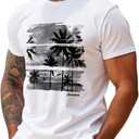 OYOANGLE Mens Palm Tree Print Short Sleeve Graphic T Shirt Hawaiian Summer Beach T-Shirt (White, L)