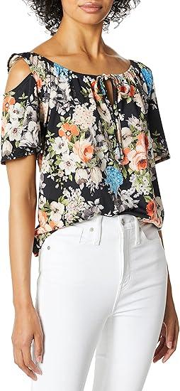 Star Vixen Women's Short Sleeve Peasant Top Dark Floral L