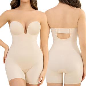 Slimers Strapless Shapewear Deep-Plunge Bodysuit: Strapless Wedding Body Shaper With Bra - Bridal Tummy Control Low Back Bodysuit Shorts Shaper For Women, XXL