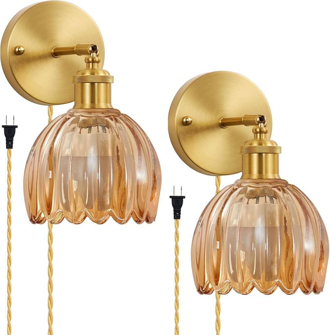 Plug in Wall Sconces Set of 2, Vintage Wall Lamp with Plug in Cord Amber Tulip Shade Decor Indoor, Gold Wall Light for Bedroom Bedside Kids Living Room Bathroom