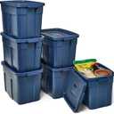Rubbermaid Roughneck Tote 18 Gal, 6 Pack, Made in USA, Dark Indigo Metallic, Rugged Plastic Stackable Storage Bins with Lids and Handles