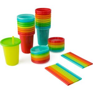 The First Years Take & Toss Straw Cups - Spill-Proof Kids Cups with Snap-On Lids and Straws - Portable and Dishwasher Safe Party Pack - Rainbow - 10 Oz - 20 Count - Ages 18 Months and Up