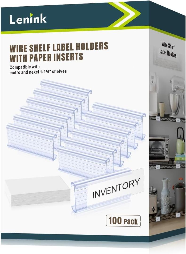 Lenink 100Pcs Wire Shelf Label Holders with 100Pcs Label Paper Inserts, Plastic Wire Rack Label Holder Compatible with Metro and Nexel 1-1/4in Shelves, Label Area 3in Lx1.25in H (Transparent)