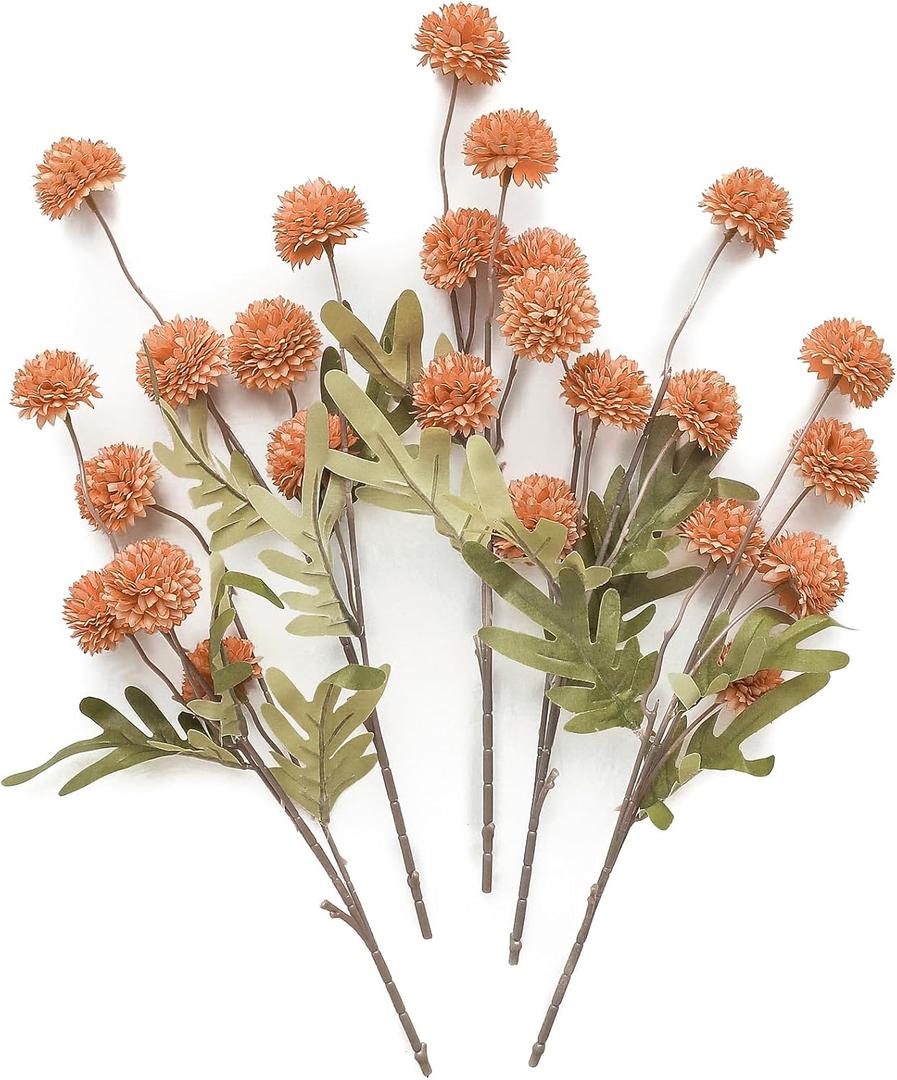Floroom 5pcs Faux Silk Pompon Mum Artificial Flowers, Bulk Fake Mini Chrysanthemums with Stems for DIY Bouquet Centerpieces Wedding Fillers Terracotta Arrangements Shower Decorations, Burnt Orange