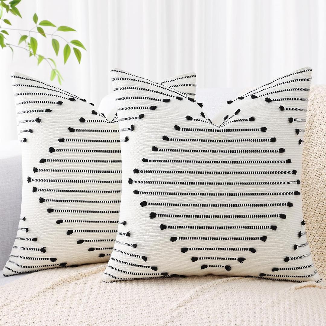 Mecatny Boho Indoor Outdoor Throw Pillow Covers 18X18 Set of 2, Farmhouse Decorative Pillow Covers for Couch Sofa Living Room, Black & Cream White