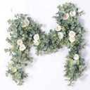 PARTY JOY 6.56ft Eucalyptus Garland with Flowers-8 White Roses, Artificial Fake Flowers Greenery Garland Floral Vines for Decoration Party Wedding Table Indoor Outdoor Backdrop Wall Decor(White) (1PC)