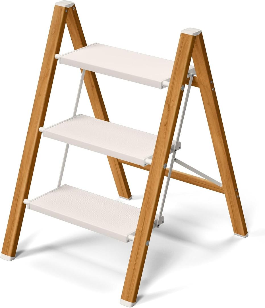 Taranta 3 Step Stool with Anti-Slip Super Wide Pedal-White Woodgrain | Aluminum Step Ladder,Foldable Lightweight Ladder,330lbs Capacity Step Ladder for Household,Kitchen,Office