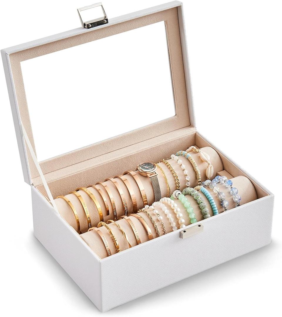 Lolalet Bracelet Display Holder with Rods for Bangles Watches, Clear Lid Jewelry Organizer Box Storage Case for Women Girls -White, 2 Rolls