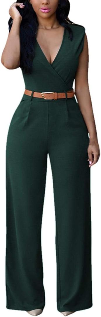 Pink Queen Jumpsuits for Women Dressy V Neck Sleeveless Wide Leg Long Pant Rompers Business Casual Outfits (S, Dark Green)