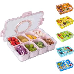 WACOI Divided Snack Serving Tray with Lid and Handle Travel Snackle Charcuterie Container Portable Storage Organizer for Candy, Fruits, Nuts, Snacks, Party, Picnic (Pack of 1, Pink)
