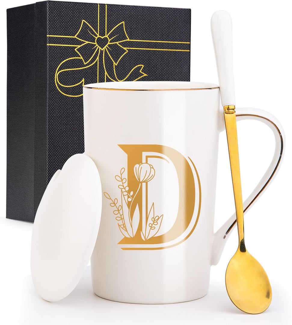 Letter D Personalized Initial Mugs with Flower, Letter D Personalized Coffee Mug, Customized Cool Letters Mugs for Women, Bridal Shower Gifts, Women's Initials Gifts Mug 14 OZ Matte White