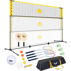 3-in-1 Portable Badminton, Volleyball & Pickleball Net Set for Adults, Adjustable Height 34"7 ft for Backyards or Beach, Outdoor Sports Combo with Carry Bag, Rackets, Paddles & Balls