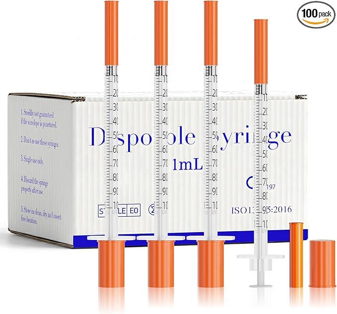 1ml Syringes 30G 1/2" 13mm Needle U-100 Disposable Lab Syringe, 100 Pack