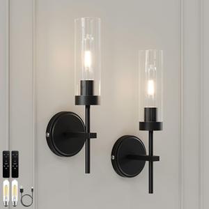 Black Battery Operated Wall Sconce Set of 2, Wireless Wall Sconces with Remote Control, Rechargeable 3000K Dimmable Wall Light for Bedroom Living Room Bathroom Hallway Entryway Stairwell