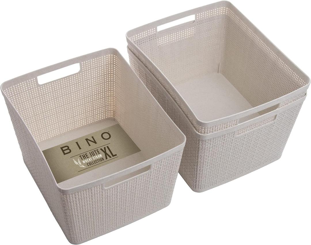 BINO Woven Plastic Basket | Large (Natural), 3-Pack | THE JUTE COLLECTION | Home Organization, Space-Saving Storage, Stylish Design | Plastic Storage Basket, Size: 3PK- L, 13.75"D x 11.25"W x 8.62"H