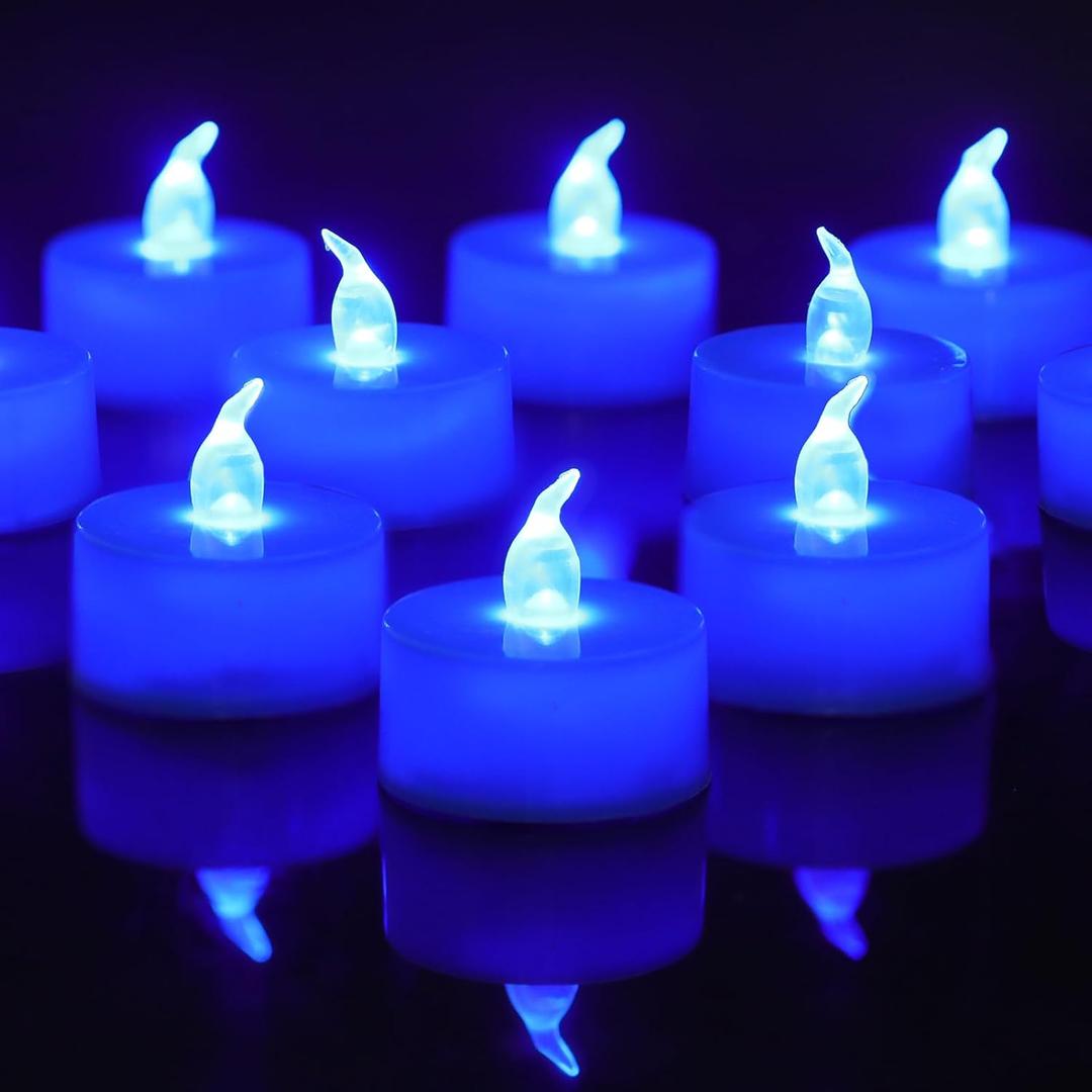 LANKER Flameless Candles with 6H Timer, Flickering Blue LED Tea Lights, Romantic Long Lasting Battery Operated Fake Candles for Party, Halloween and Christmas, Set of 24 (Blue)
