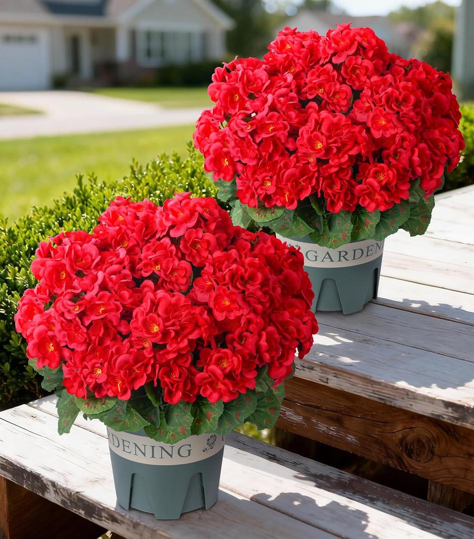 Geraniums Artificial Flowers for Outdoors, 2 Pack Potted Plants Red Faux Geraniums Bush Artificial Topiaries Realistic UV Resistant Fake Flowers Plants for Planters Outside Gardens Front Door Indoor