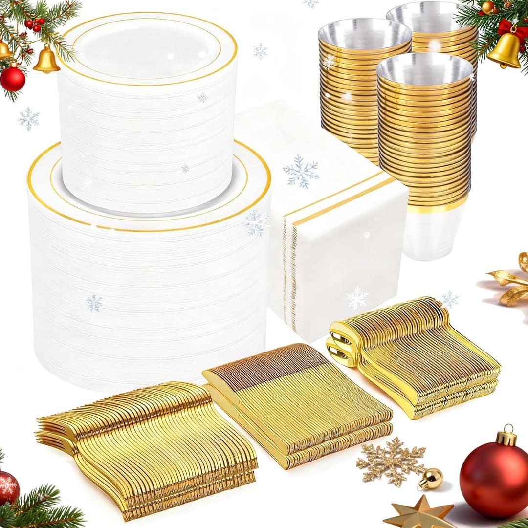 GATHER 700PCS Gold Plastic Plates - Whtie and Gold Disposable Dinnerware Sets 100Guest - 200 Disposable Plate, 300 Plastic Silverware, 100 Cups, 100 Napkins for Wedding & Party & Christmas