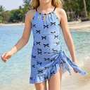 ODASDO Girls Swimsuit One Piece Bathing Suit with Cover Up Skirt for 8-12Y (Blue, S)