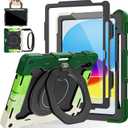 ROISKIN Case for iPad A16 11th Generation 11 Inch 2025, iPad 10th Generation Case 10.9" for Kids with Screen Protector,360 Kickstand & Handle,Pen Holder,Shoulder Strap,Heavy Duty Drop Protection (Black-Green)