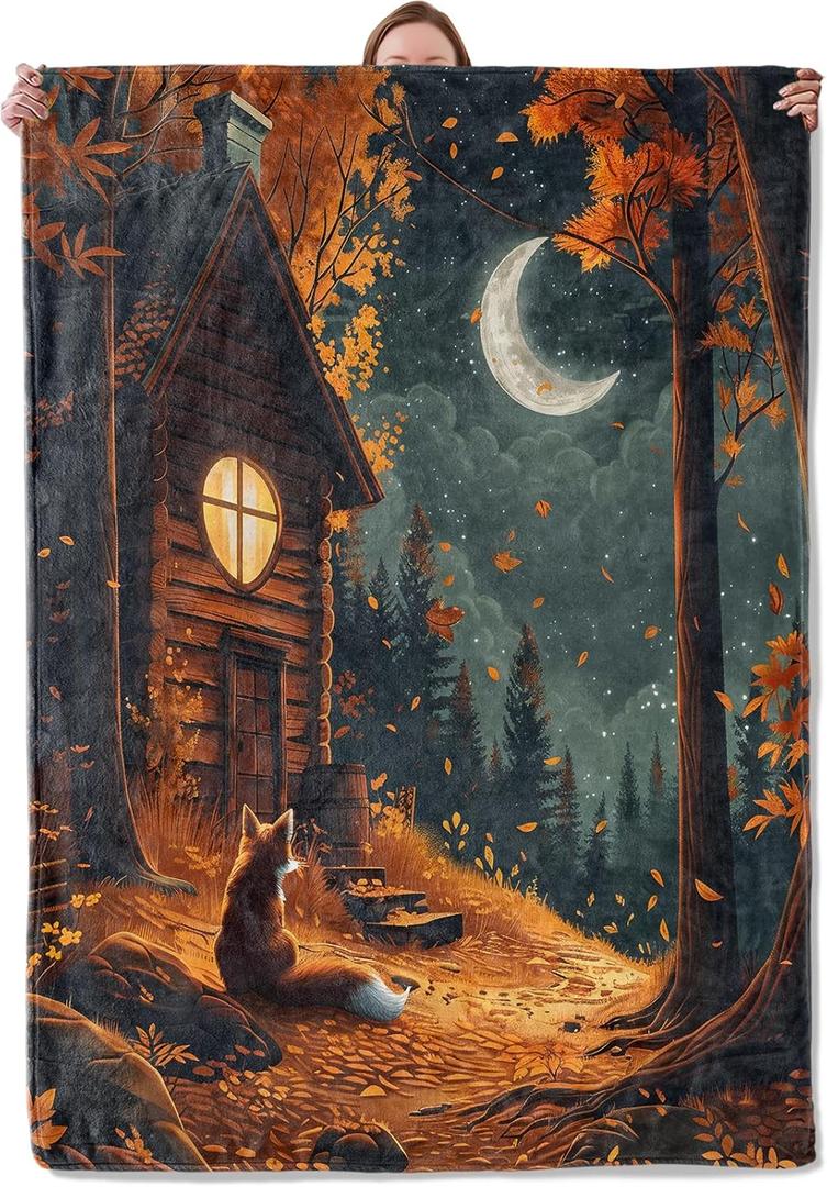 Forest Cabin and Fox Theme Blanket Gifts for Women Girls, Soft Warm Lightweight Flannel Throw Blankets for Living Room Home Sofa Travel Decor 50" x 60"