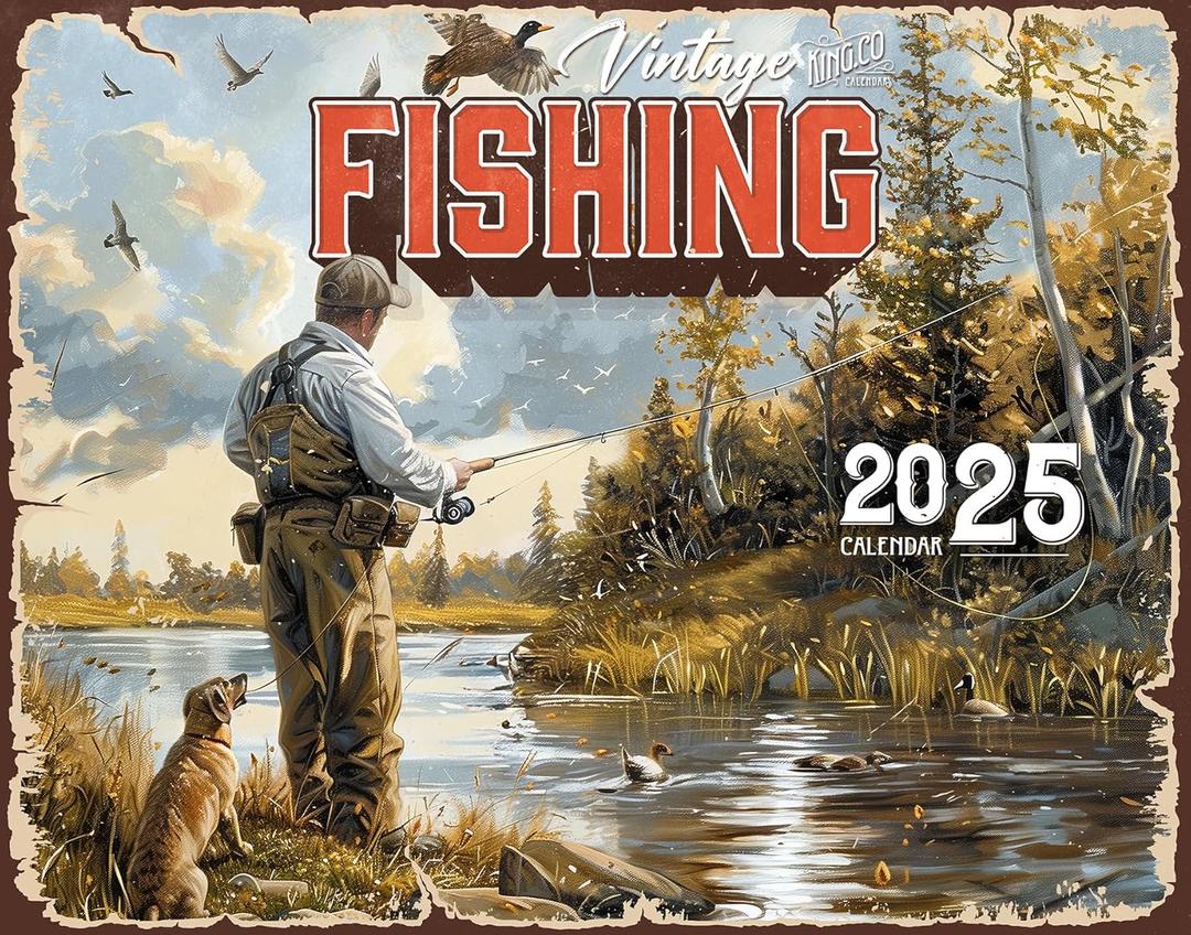 2025 Vintage Fishing Wall Calendar 16-Month X-Large Size 14x22, Best Retro Country Living Calendar by The KING Company-Monster Calendars