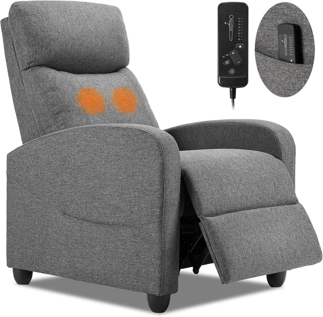 Sweetcrispy Massage Recliner Chair for Adults, Adjustable Home Theater Seating with Lumbar Support for Living Room, Modern Fabric Reclining, Grey (34.3"D x 26.7"W x 38.6"H (With Massage))