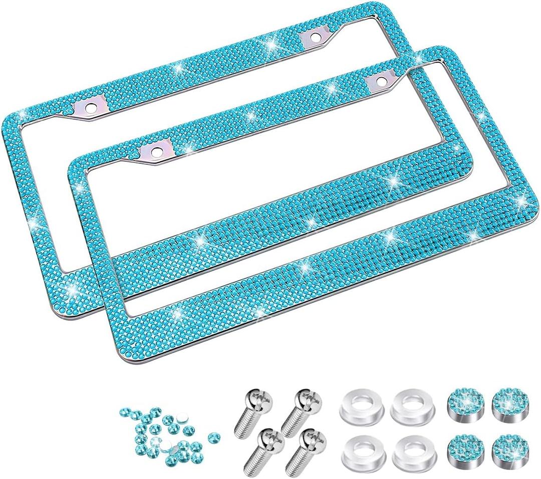 Bling Car License Plate Frames, 2PCS Crystal Rhinestone Stainless Steel Vehicle License Holder, Diamond Sparkly Handmade Glitter Automotive Plate Cover Accessories, Universal Fit (Blue)