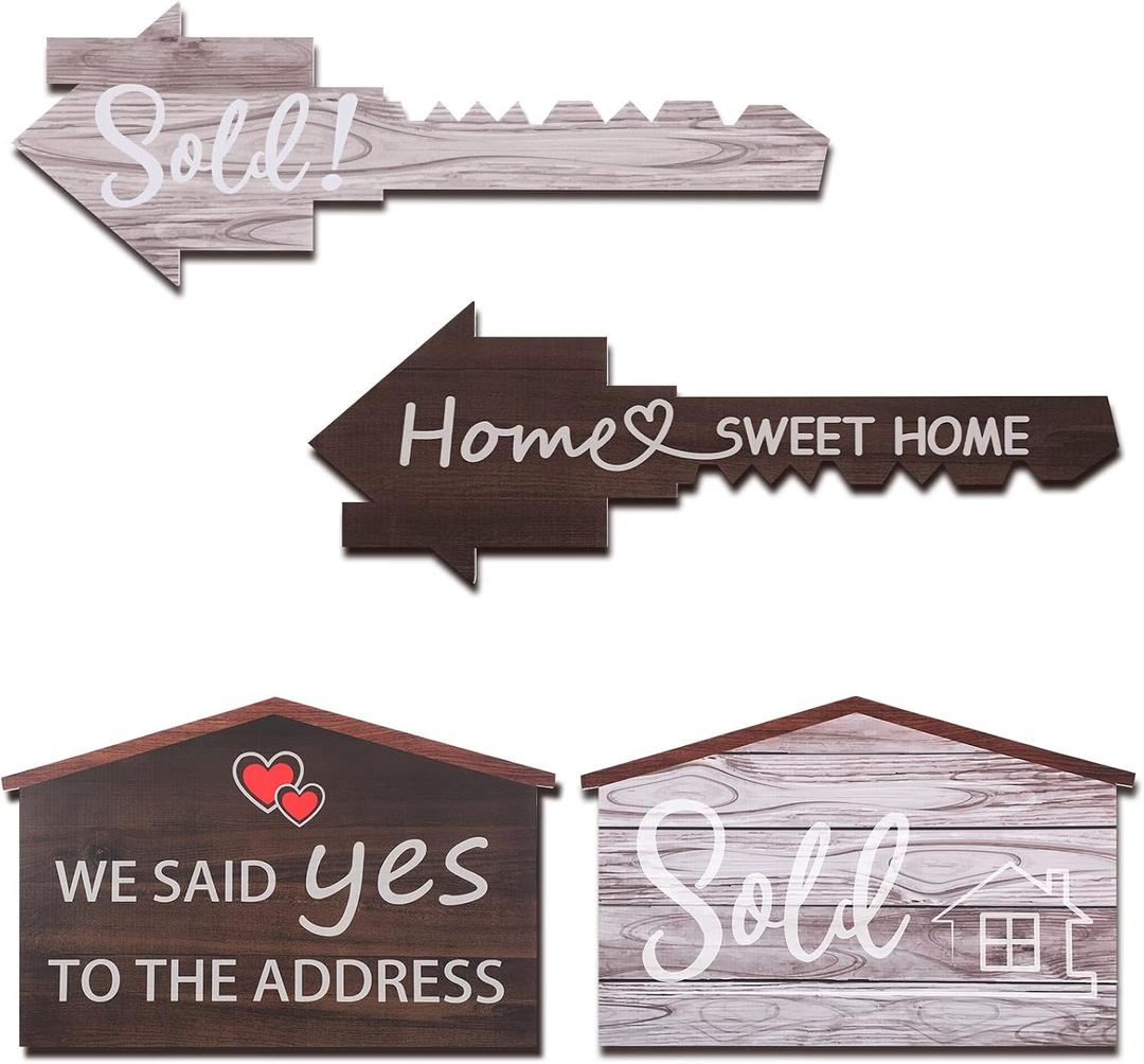2 Pieces Real Estate Sold Sign Key House Shaped 16.7 Inch Real Estate Social Media Photo Prop Agent Supplies Double Sided with 2 Designs on 1 Sign