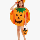 Halloween Kids Pumpkin Costume Set with Poncho, Hat and Treat Bag for Toddler Kids Youth