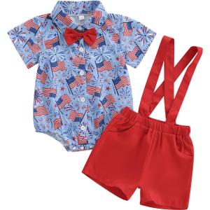 4th of July Baby Boy Outfit Newborn Infant Button Down Shirt Romper Top Shorts Gentleman Fourth Of July Clothes (6-12 Months, Blue)