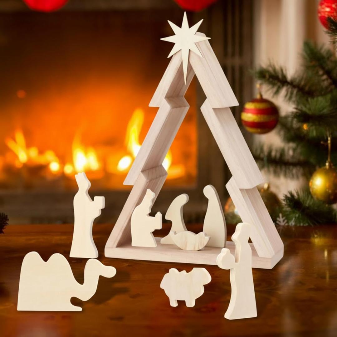 8 x 10 Pcs Nativity Scene Set 12.8 Inch Rustic Wooden Christmas Tree Tabletop Decor Rustic Nativity Scene with Miniature Holy Family Figurines for Indoor Jesus Religious Home Christian Gifts