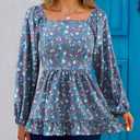 Womens Square Neck Floral Long Sleeve Tops Casual Loose Puff Sleeve Boho Work Blouse T Shirts (Small, C1000)