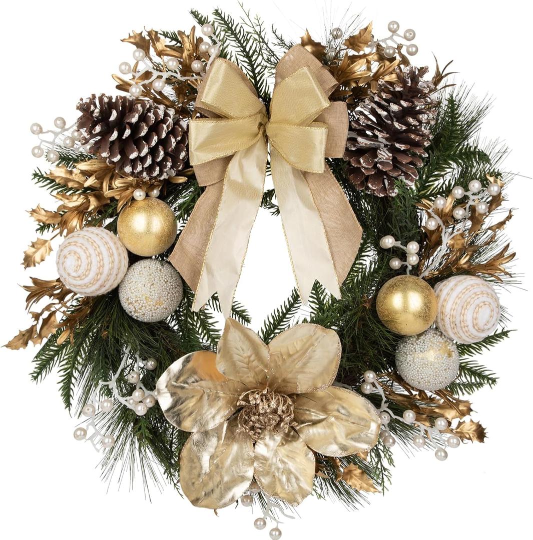 24 Champagne Christmas Wreaths for Front Door with Magnolia Fake Pearl, Christmas Door Wreath with Bow Golden Balls, Pine Needles Pine Cones for Home Wall Window Indoor Outdoor Xmas & Holiday Decor