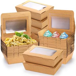 50 Pack Take Out Food Containers with Window, 40 oz Paper Catering To Go Pastry Boxes Kraft Brown, Disposable Cater Tek, Microwaveable Cardboard Lunch Meal Box Leak and Grease Resistant
