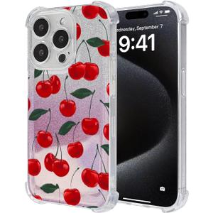 Nimeey Leaf Cherry for iPhone 15 Pro Max Case, Clear Glitter Sparkly Shiny Bling Sparkle Cute Cover, Anti-Scratch Soft TPU Slim Fit Shockproof Protective Phone Cases for Women Girls Girly