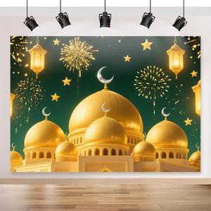 2 x Eid Mubarak Backdrop 70.8x43.3 inch, Ramadan Mubarak Banner for Muslim Ramadan Kareem Party Decorations, Eid Mubarak Background for Home Eid Al Fitr Party (Green and Gold)