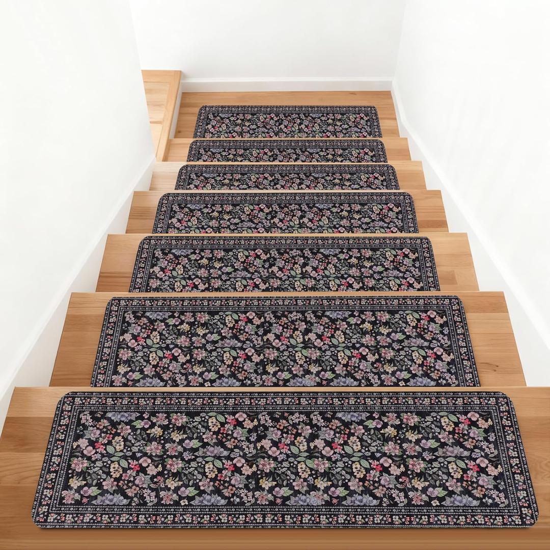 Vintage Floral Stair Treads Non Slip Carpet Stair Treads for Wooden Steps Indoor 15PCS 30"x8" Stair Runner Stair Mats Safety Staircase Step Treads for Elders Kids Dogs Dark Blue