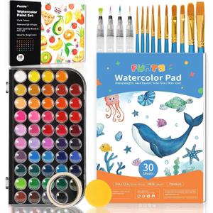 Funto Watercolor Set, 48 Color Paint Set, 10 Brushes, 30 Page Pad(9"x12"), 4 Refillable Pens & More, Painting Kit for Kids, Adults, Beginners
