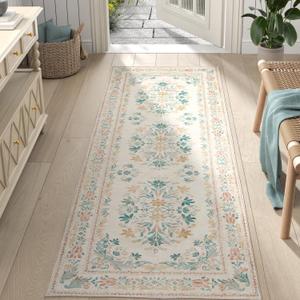 jinchan Hallway Runner Rug 2x8 Vintage Floral Distressed Design - Machine Washable Non-Slip Low-Pile Soft Thin Faux Wool Kitchen Carpet for Farmhouse Bedroom Laundry Room(2x8ft, Apricot Multi)