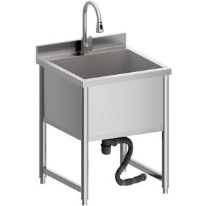 Stainless Steel Commercial Restaurant Sink, Freestanding Large Commercial Sink with Pull-out Faucet for Kitchen Dishwashing, Thawing, Pet Cleaning, Laundry Room, 23.6"D x 21.6"W x 36.8"H