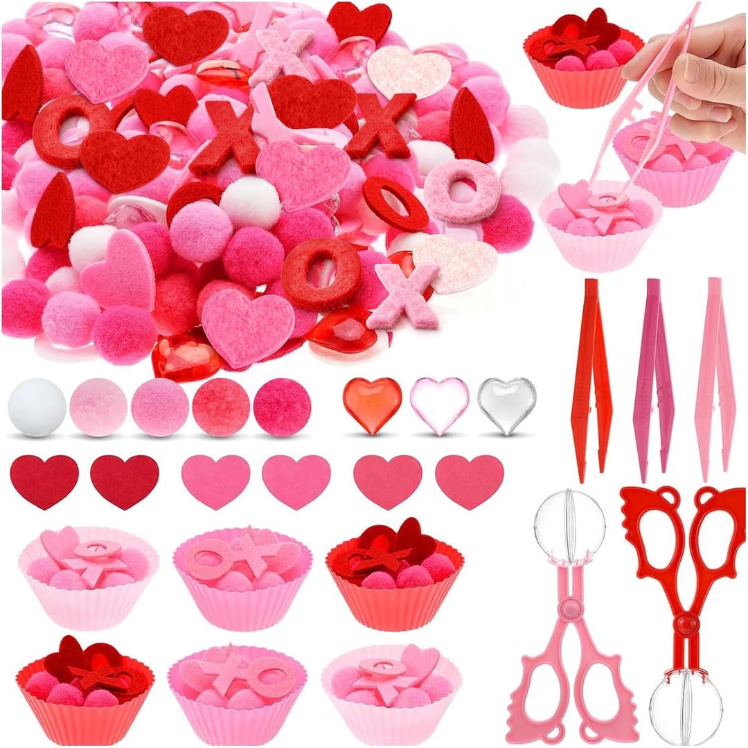 264 Pcs Valentine's Day Sensory Bin Items Valentine Counting Sorting Sensory Bin Filler Fine Motor Felt XOXO Acrylic Heart Counts for Valentine's Counting Decor