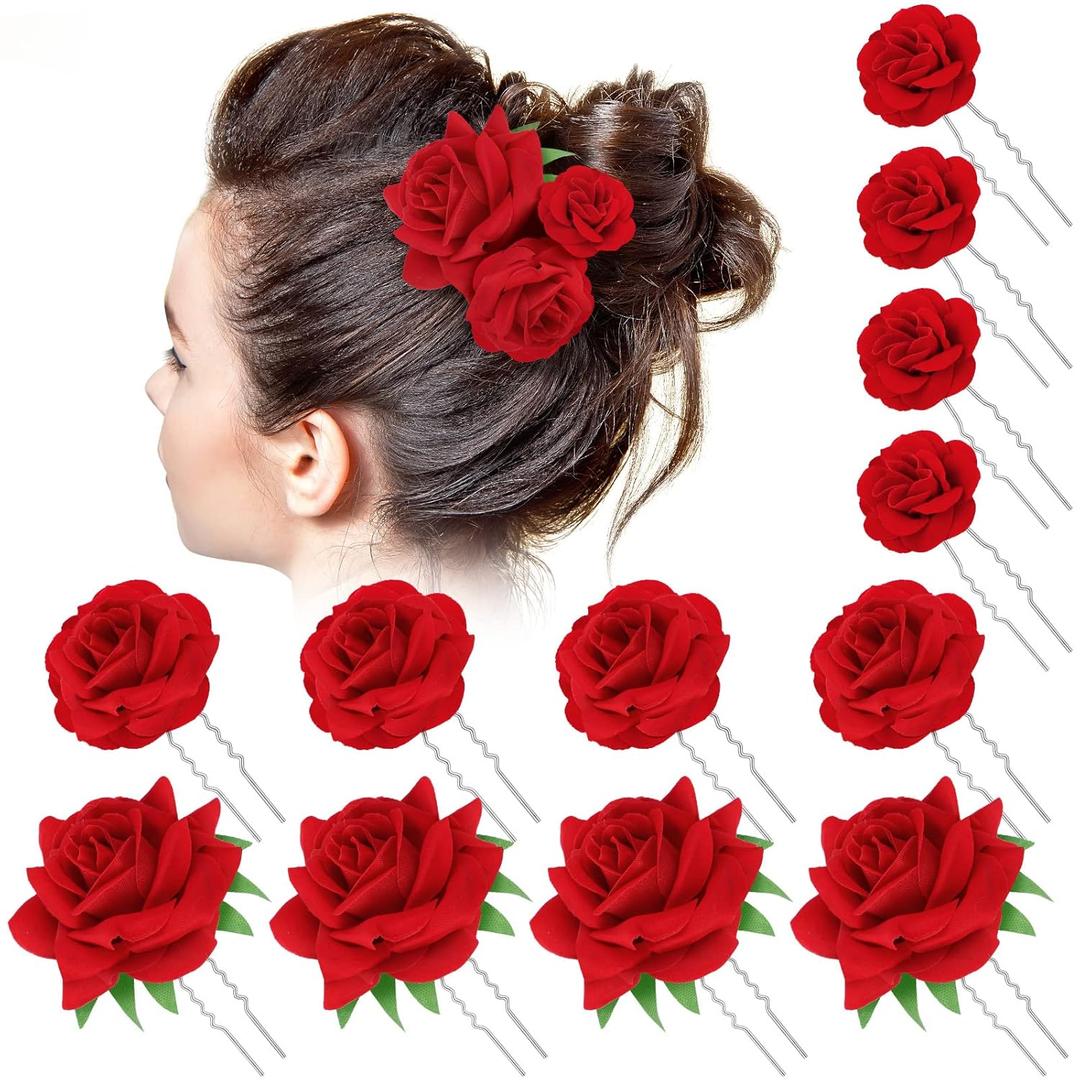 BBTO 12 Pcs Rose Hair Clip Mexican Hair Accessories for Flamenco Dancer Women Mexican Flowers Bridal Flower Clips for Halloween Wedding Dance Birthday Bridesmaid(Red)