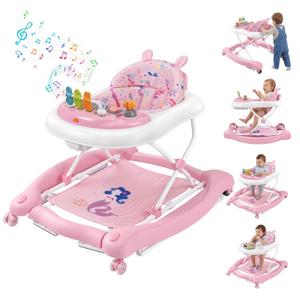5 in 1 Foldable Baby Walker with Wheels, Music and Lights Bouncer Combo, Rocker, Activity Center for Baby Boys Girls, Adjustable Speed and Height for 6-18 Months (Pink)