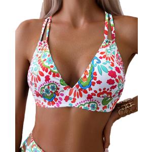 Tainehs Women's Push Up V Neck Bikini Tops Criss Cross Back Padded Bathing Suit Top Only (Large, Red Tiny Flowers)