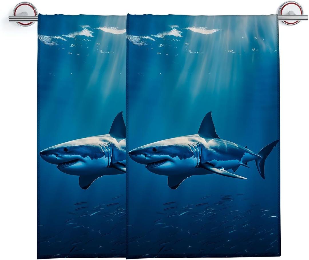 Hand Towels Set of 2 Ocean Shark Themed Towels for Bathroom Decorative, Bath Towels, Soft Absorbent Towels for Farmhouse Home Decor Gifts for Women 14 x 28 in