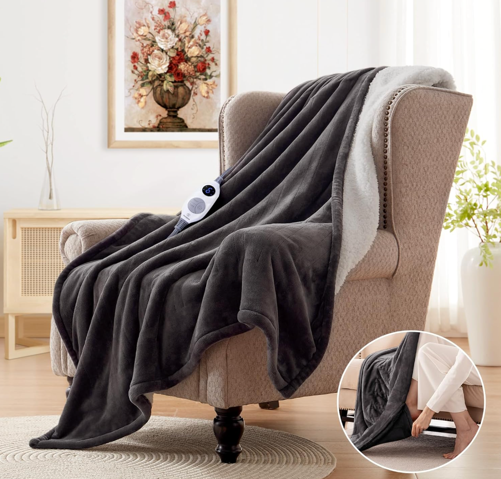 Sealy Electric Blanket Wearable with Foot Pocket, Electric Snuggle Blanket with Sleeves, Flannel & Sherpa Heating Throw with 6 Heat Settings & 210 Hours Auto Shut Off, 50 * 70"+18", Dark Grey